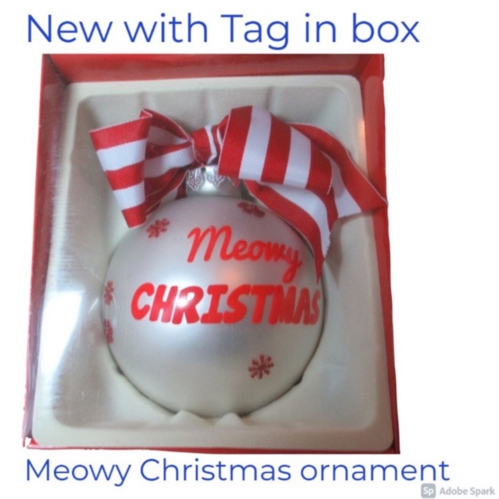 2 ornaments. Meowy Christmas kitty cat themed Holiday ornament w bow w stripes